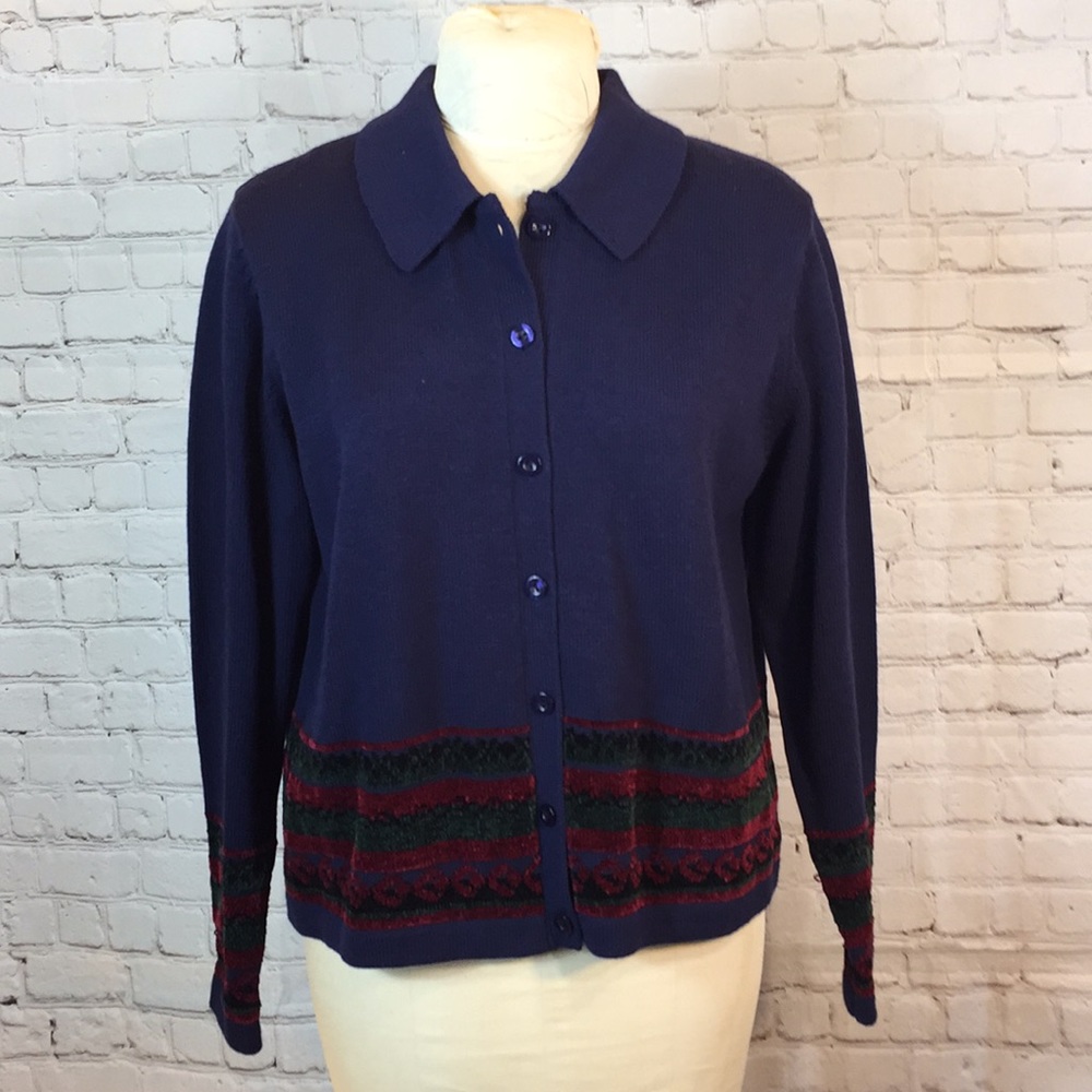 NWT Field Manor Blue Cardigan Button Down Embellished Navy Blue Large